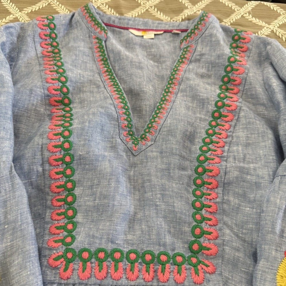 Boden Leonie Parrot Embroidered Linen Dress Blue Women's Resort Vacation 10R - Picture 12 of 15